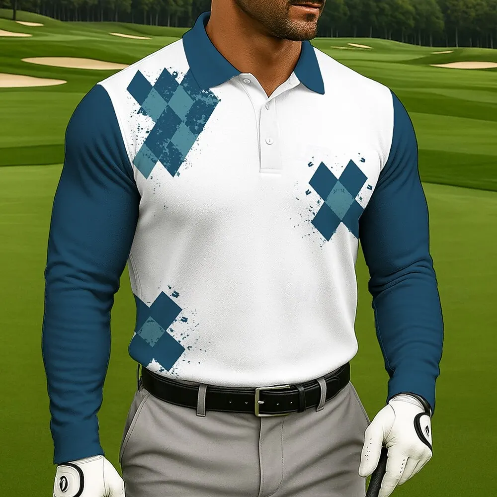 

Simple Plaid Pattern Golf Polo Shirts For Men Autumn Outdoor Sports Long Sleeve Pullover Loose Lapel Button Daily Casual Clothes
