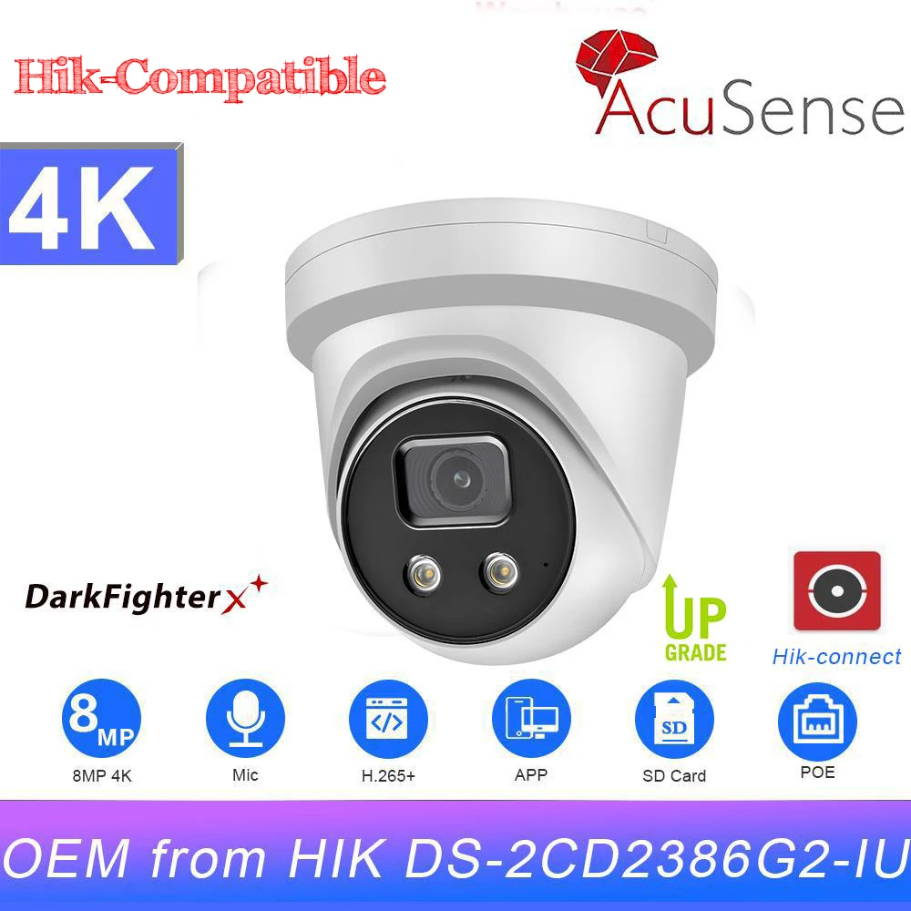  HIK 8MP IP Camera OEM replace DS-2CD2386G2-IU AcuSense SD Card Slot Built-in Mic Security Protection Surveillance Network Camer