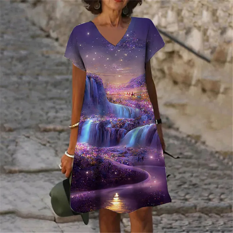 Landscape Starry Sky Dresses For Women Short Sleeve V-Neck Loose Dress Summer Pattern 3D Print Midi Dress Oversized Clothing