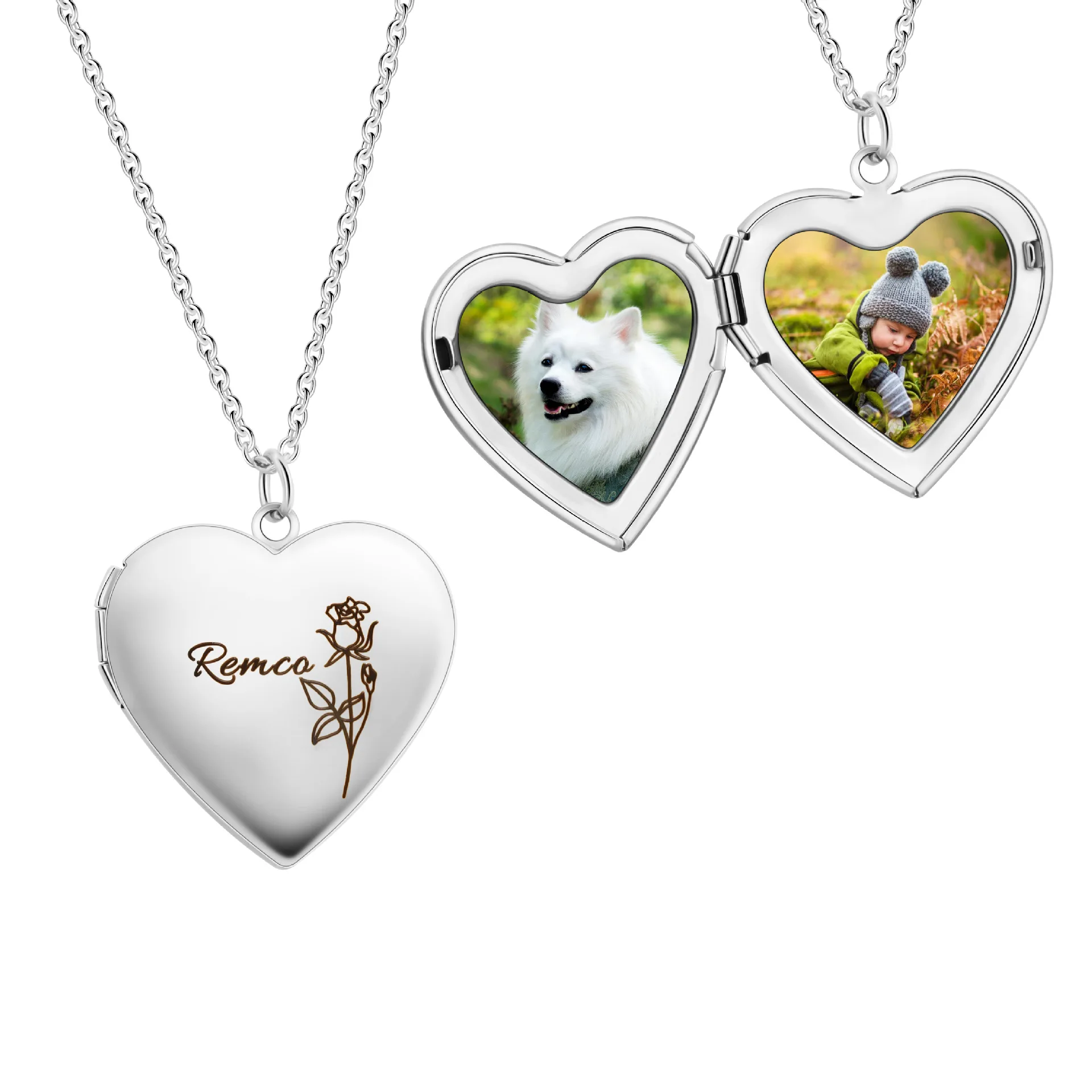 

Silver Color Love Heart Photo Frame Pendant Necklace For Women I Love You Flower Pattern Heart Openable Locket Necklace Jewelry