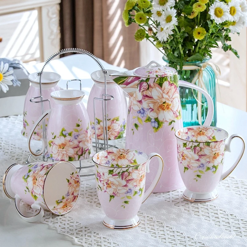 8pcs Set, Real Bone China Teapot and Chip Cup Set with Steel Stander, Floral Taza Cafe Tea Cup Set, Termos Coffee Cup Set