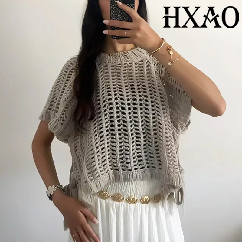 HXAO Strickpullover für Damen, kurzärmelig, leichte Pullover, gestrickte, abgeschnittene Pullover mit Schleife, lockere Passform, grauer Pullover für Damen