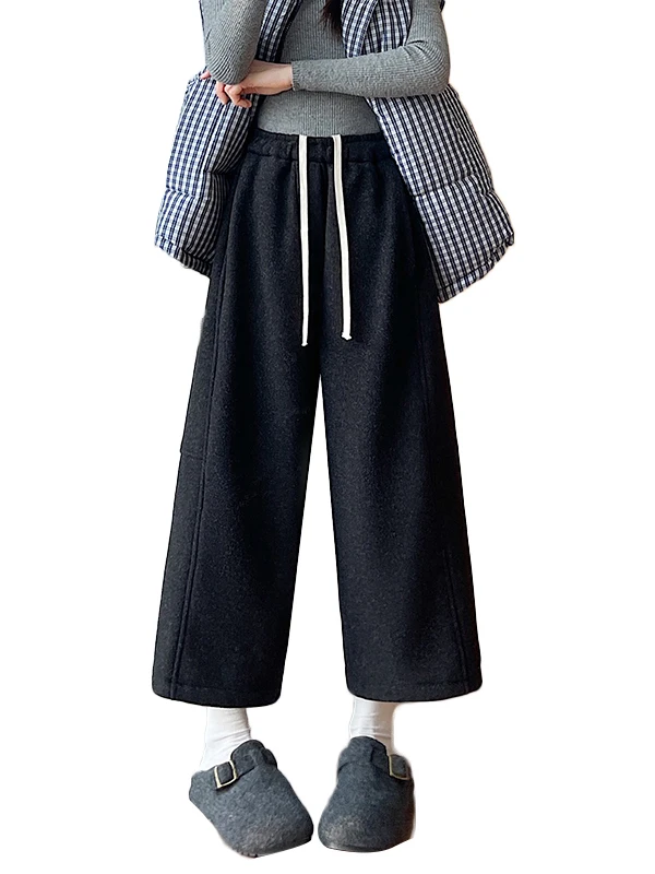 Damskie zimowe spodnie z szerokimi nogawkami, ocieplane polarem, codzienne, z wysokim stanem, prosty krój, mieszanka wełny, modne spodnie dla kobiet.