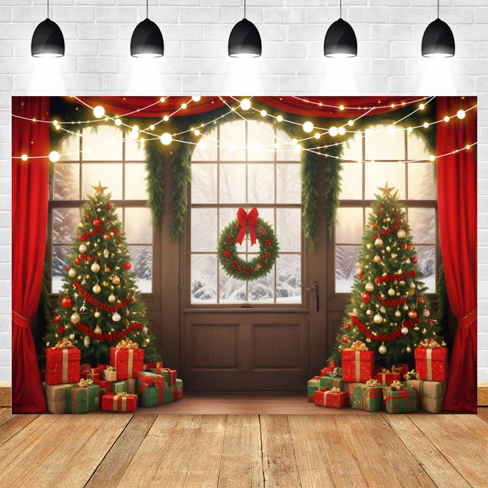 Winter Window Curtains Forest Snow Photography Backrop White Candle Christms Party Home Decor Photo Background Studio Props