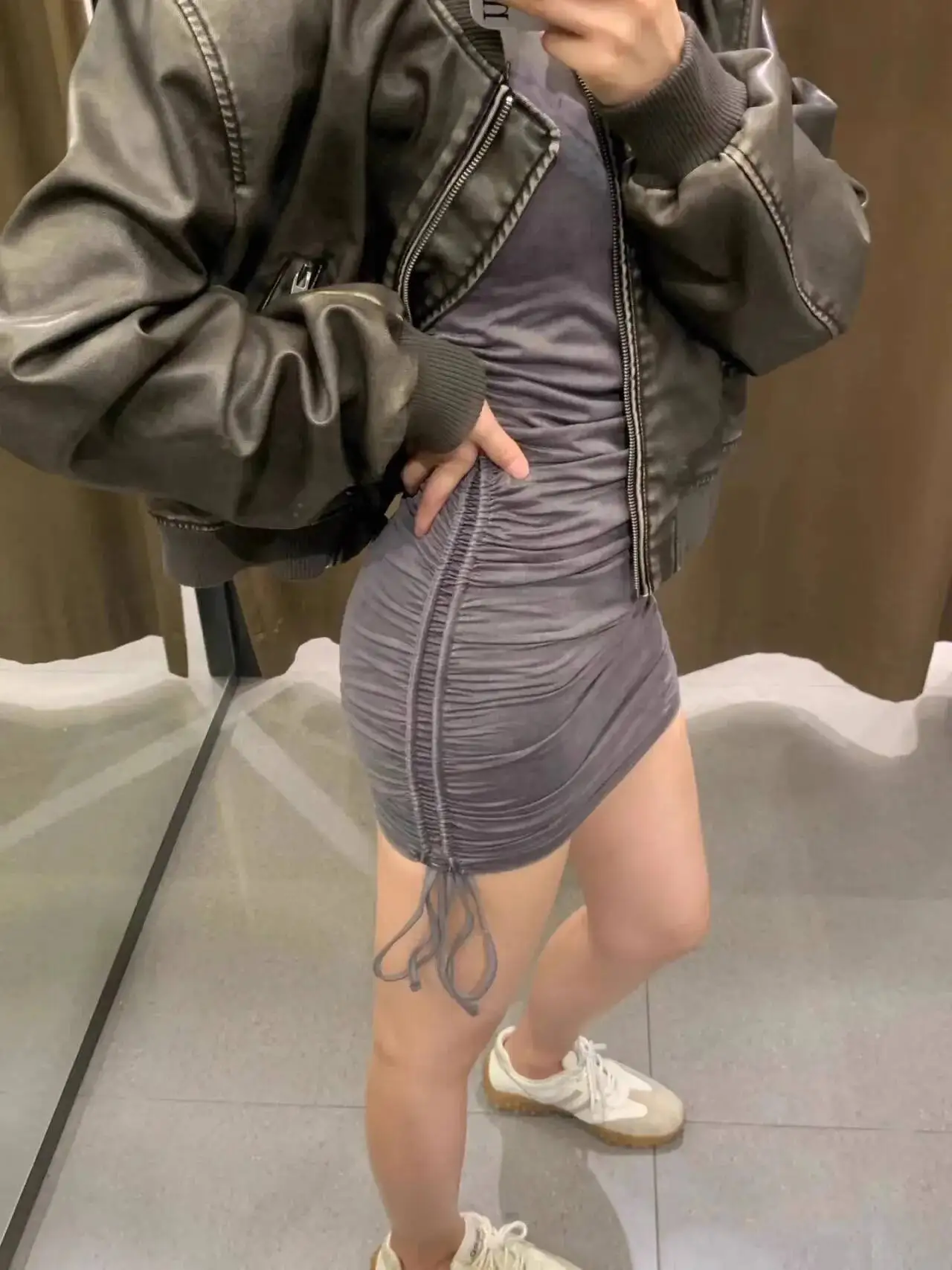 ZVRI 2024 New Vintage Imitation Leather Bomber Jacket Coat Top Women's Style