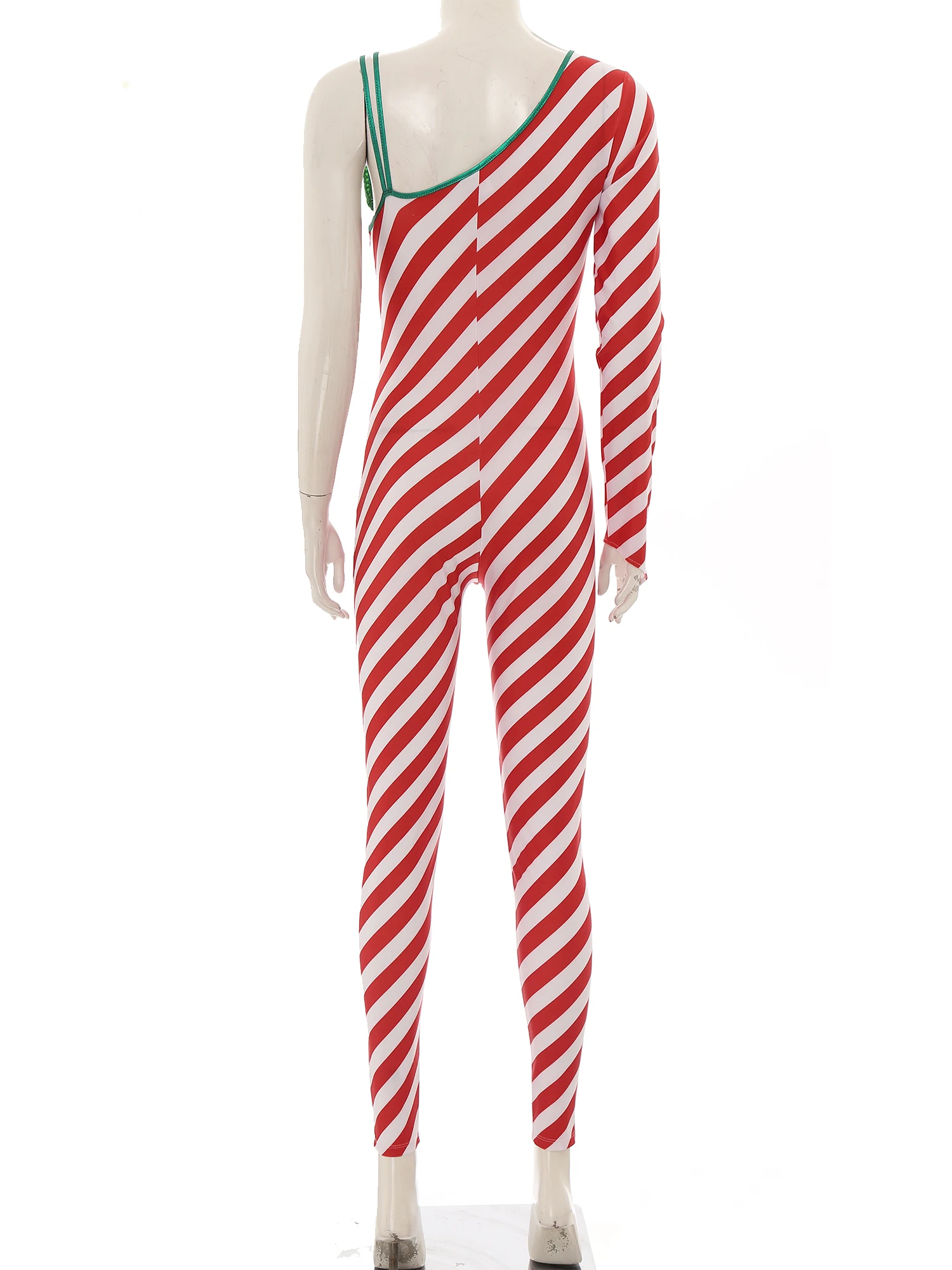 2023 Christmas Womens Candy Cane Jumpsuit Unitard One Shoulder Bow Striped One-Piece Bodysuit Xmas Cosplay Performance Costumes