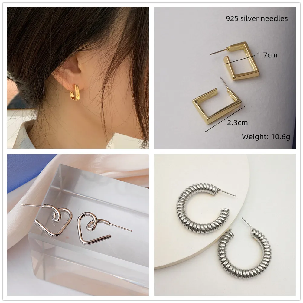 Personality Fashion C-Shape Drop Earrings for Women Punk Enamel Oil Square Print Floral Heart Earrings Geometry Golden Jewelry