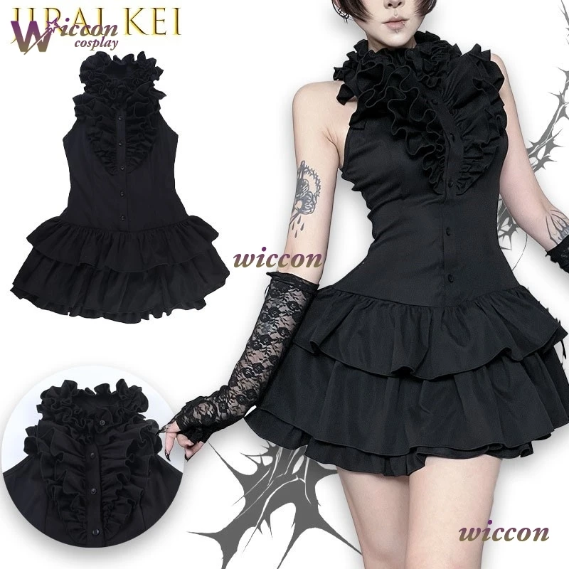 

kasj* Gothic Lolita Punk Jirai Kei Cosplay Dress New Dark Retro High Neck Sleeveless Tiered Short Skirt Female Halloween
