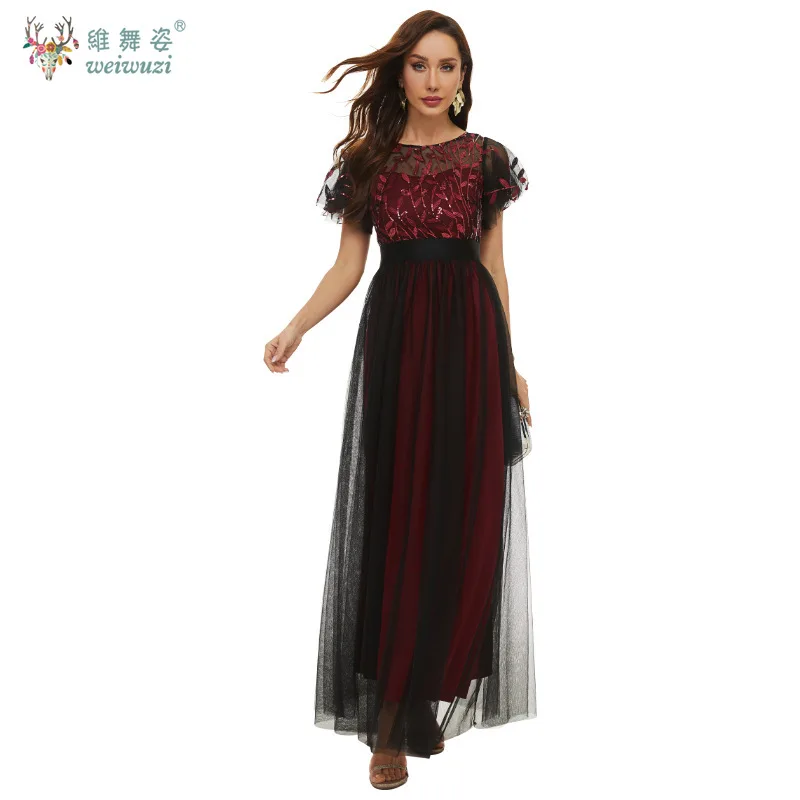 

New Mesh Splicing Embroidered Sequin Short Sleeved Round Neck High Waist Formal Social Banquet Temperament Elegant Evening Dress