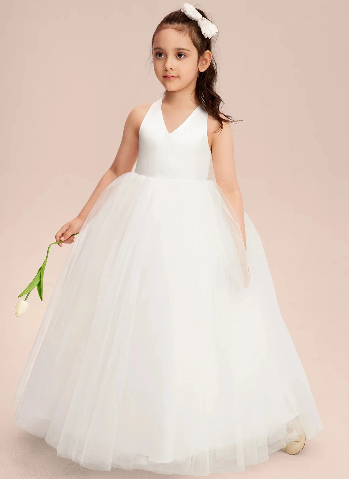 YZYmanualroom Lace Satin Flower Girl Dress A-line V-Neck Floor-Length 2-15T