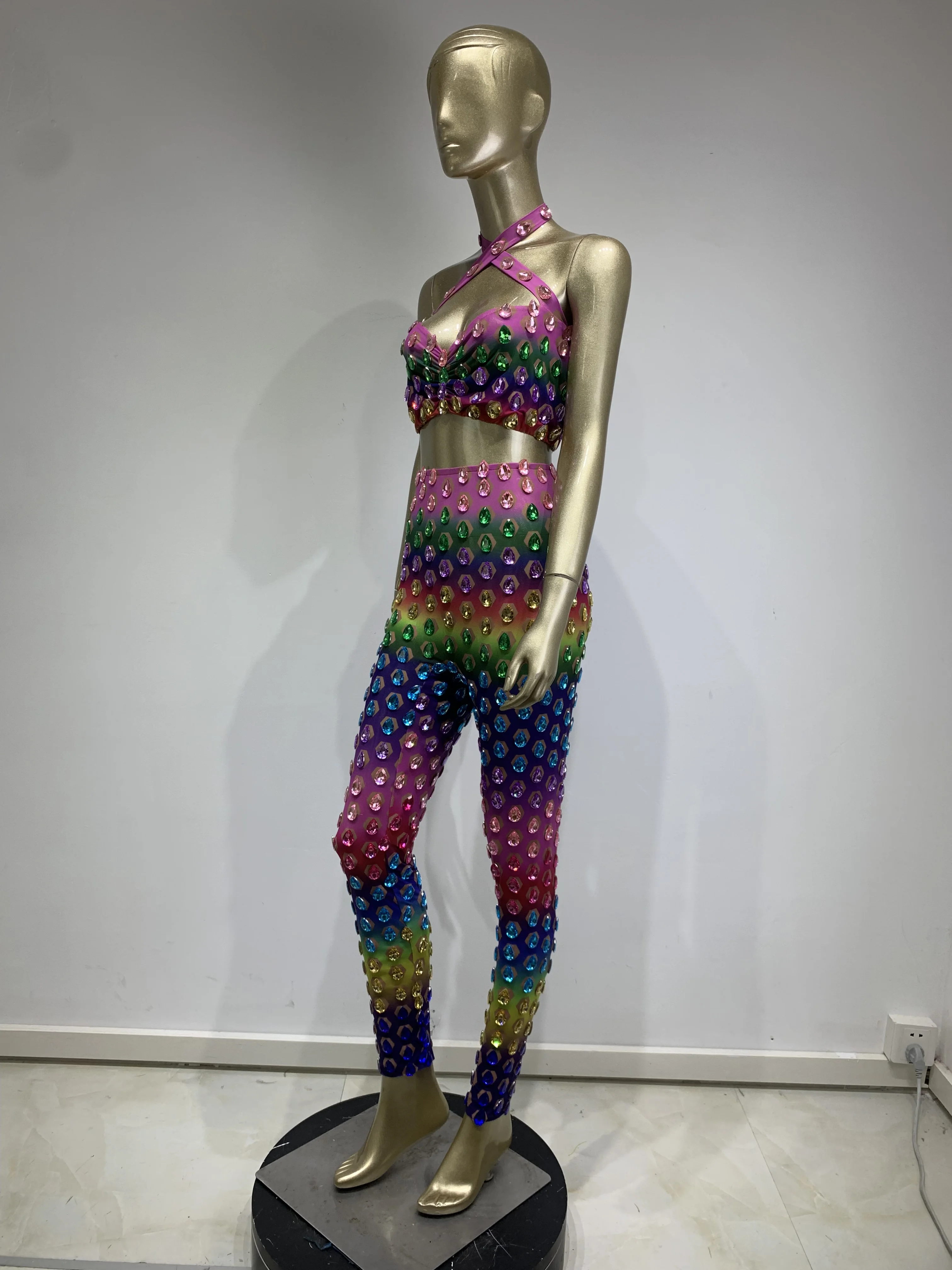 Conjunto de malla elástica con diamantes de cristal de colores para mujer, traje de escenario para celebración de cumpleaños, fiesta de club