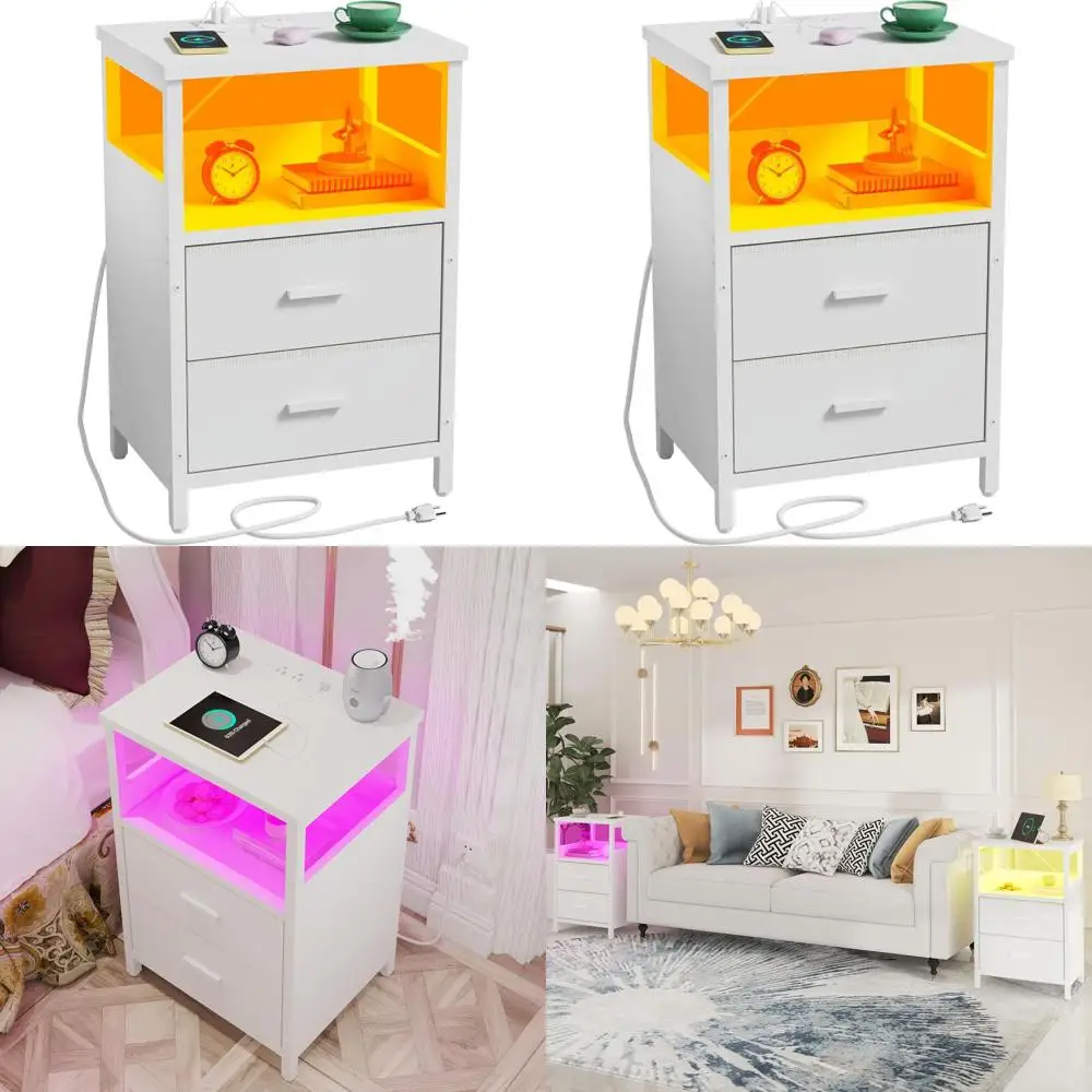 

Space-Saving LED Nightstand with Charging Station, USB Ports, and Outlets for Bedroom, Living Room, and Office