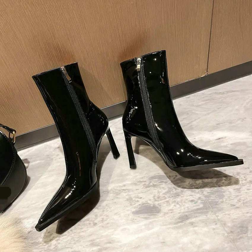 QUTAA 2027 Thin High Heels Women Ankle Boots Autumn Winter Genuine Leather Pointed Toe Shoes Woman Zipper Office Lady Size 34-39