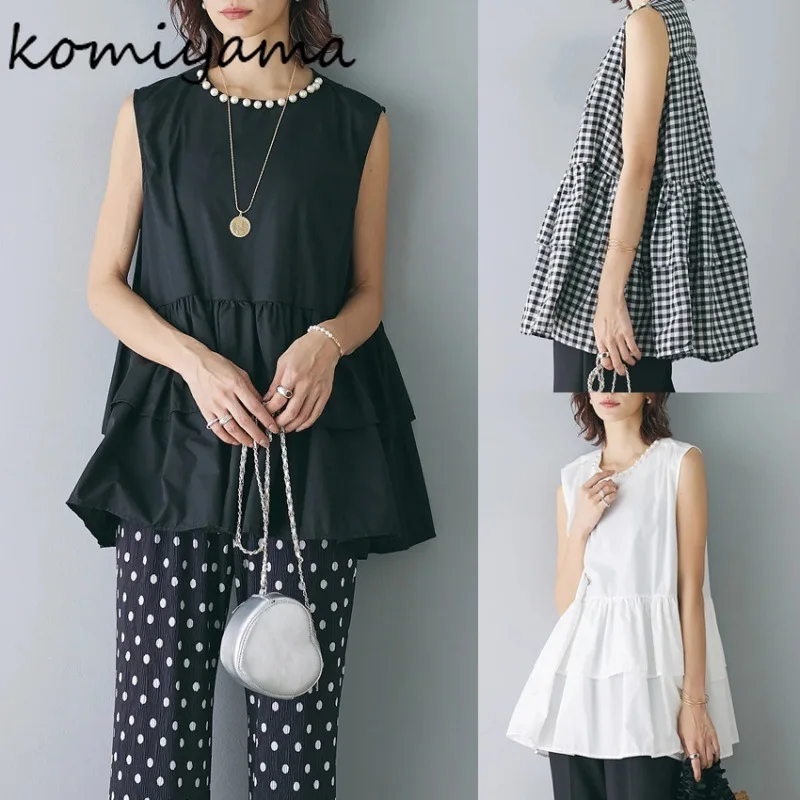 Pearls Decoration Shirts & Blouses Sleeveless Blusas Loose Round Neck Camisas Tunic Hem Ropa Mujer Summer Popular Tops