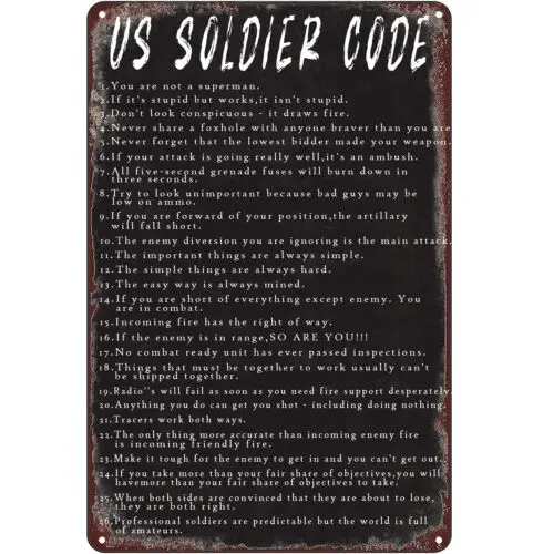 Retro Funny Metal Tin Sign US SOLDIER CODE Signs Art Poster Wall Decor 12x8Inch