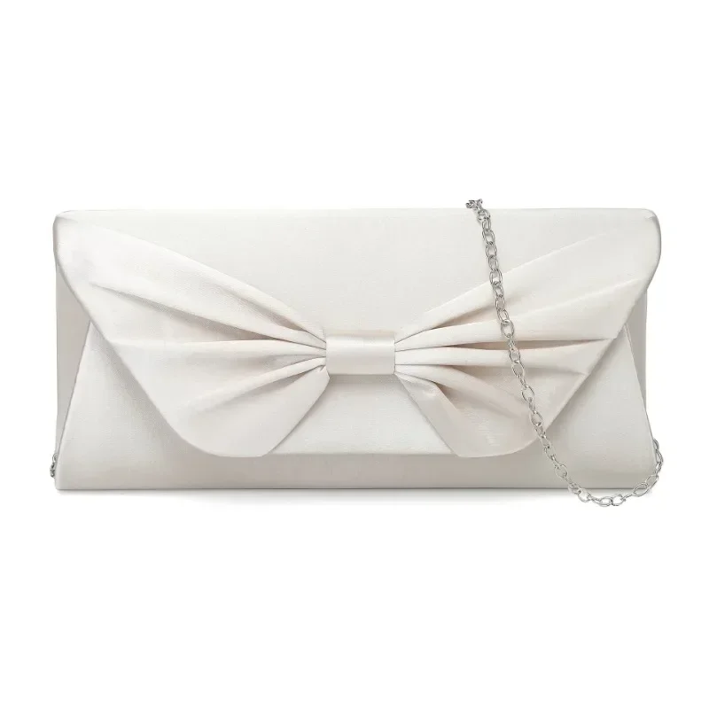 Women Wedding Party Clutch Purse Elegant Bowtie White Beige Evening Bags Classic Glossy Satin Hand Bags Carteras Para