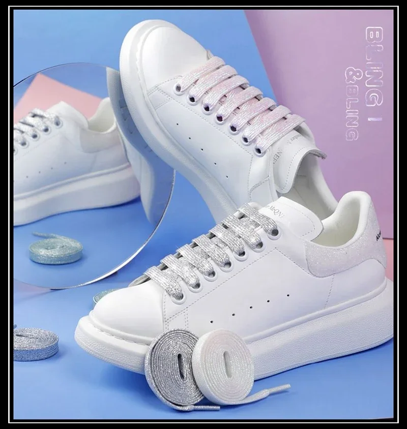 1 Paar bunte Schnürsenkel, glitzernde flache Schnürsenkel für Sneaker, doppellagig, dick und verschleißfest, für Schuhe und Stiefel. – Detail 1