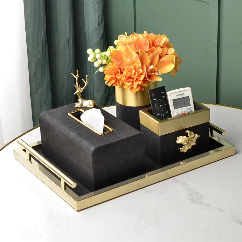 Modern Leather Tissue Box Creative Brass Decorative Advanced Western Restaurant Tissue Boxes Living Room Desktop Home Decoration