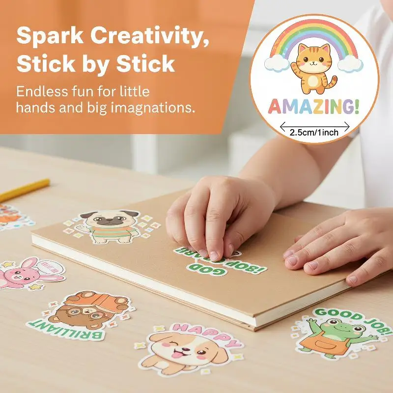 Cartoon Animal Encouragement Roll Stickers Self-Adhesive Waterproof Reward Decals for Kids Teacher Classroom DIY Craft Decor