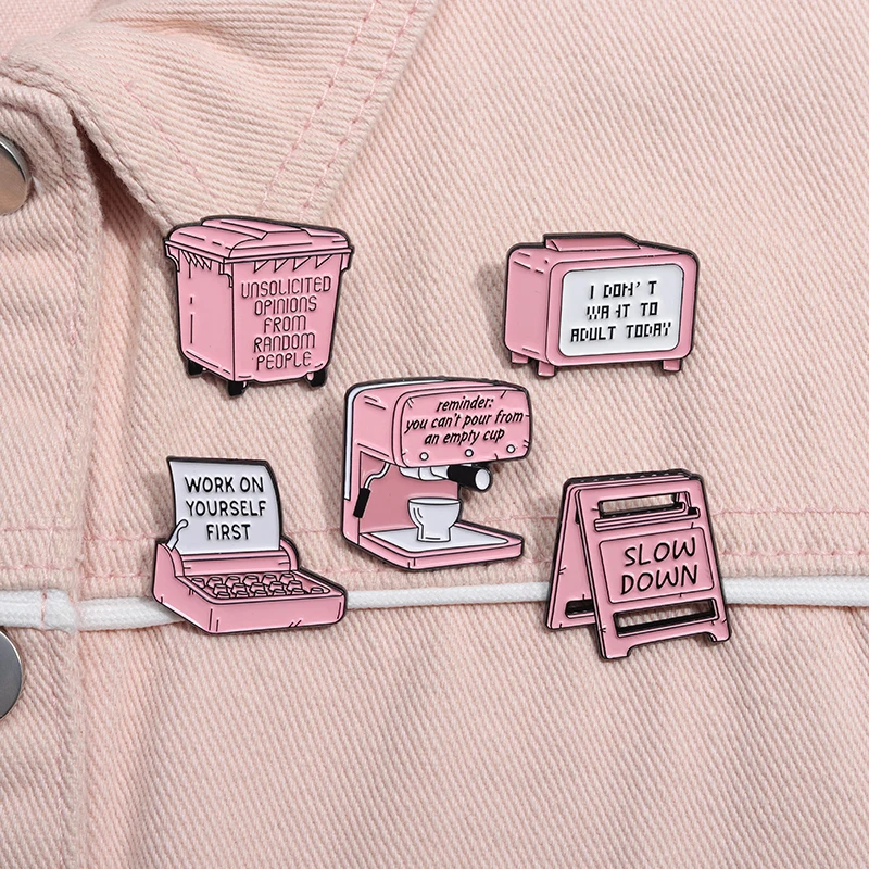 Cartoon Pink Series Coffee Machine Ename Pins Funny Slow Down Warning Signs Television Brooches Shirt Lapel Badge Jewelry Gifts