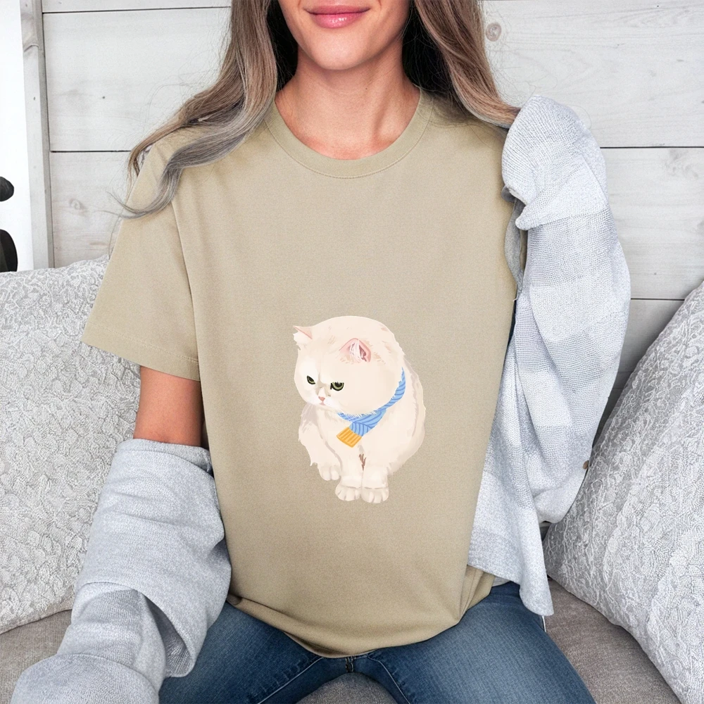 

100% Cotton Y2K Graphic TeeWhite Cat with Blue Scarf GraphicCute Vibe Light Grey Loose TopTrendy Comfort Adorable