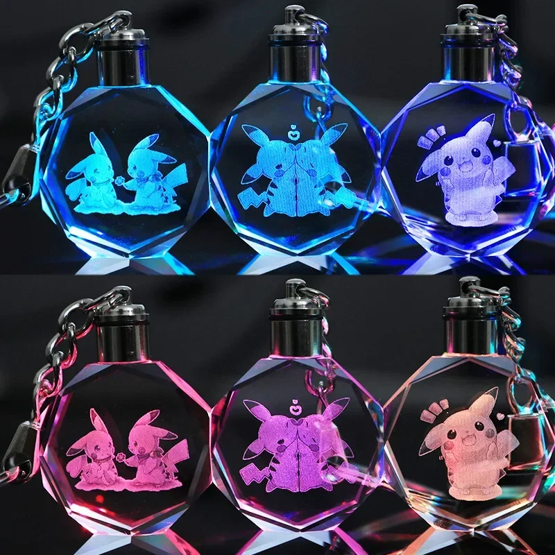 Anime Pokemon Colorful Crystal Lamp Keychain Accessories Cartoon Pikachu Figures Glass Night Light Key Ring Chain Toys for Gift