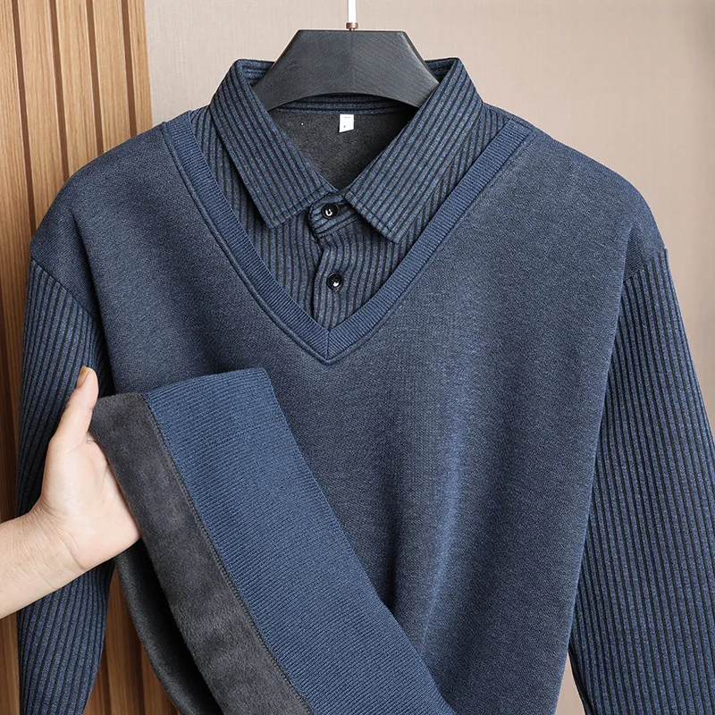 Autumn Winter Fleece-Lined Thickened Sweater For Middle-Aged Men, Dad's Long-Sleeve With Fake Two-Piece Collar, Men's Base Shirt