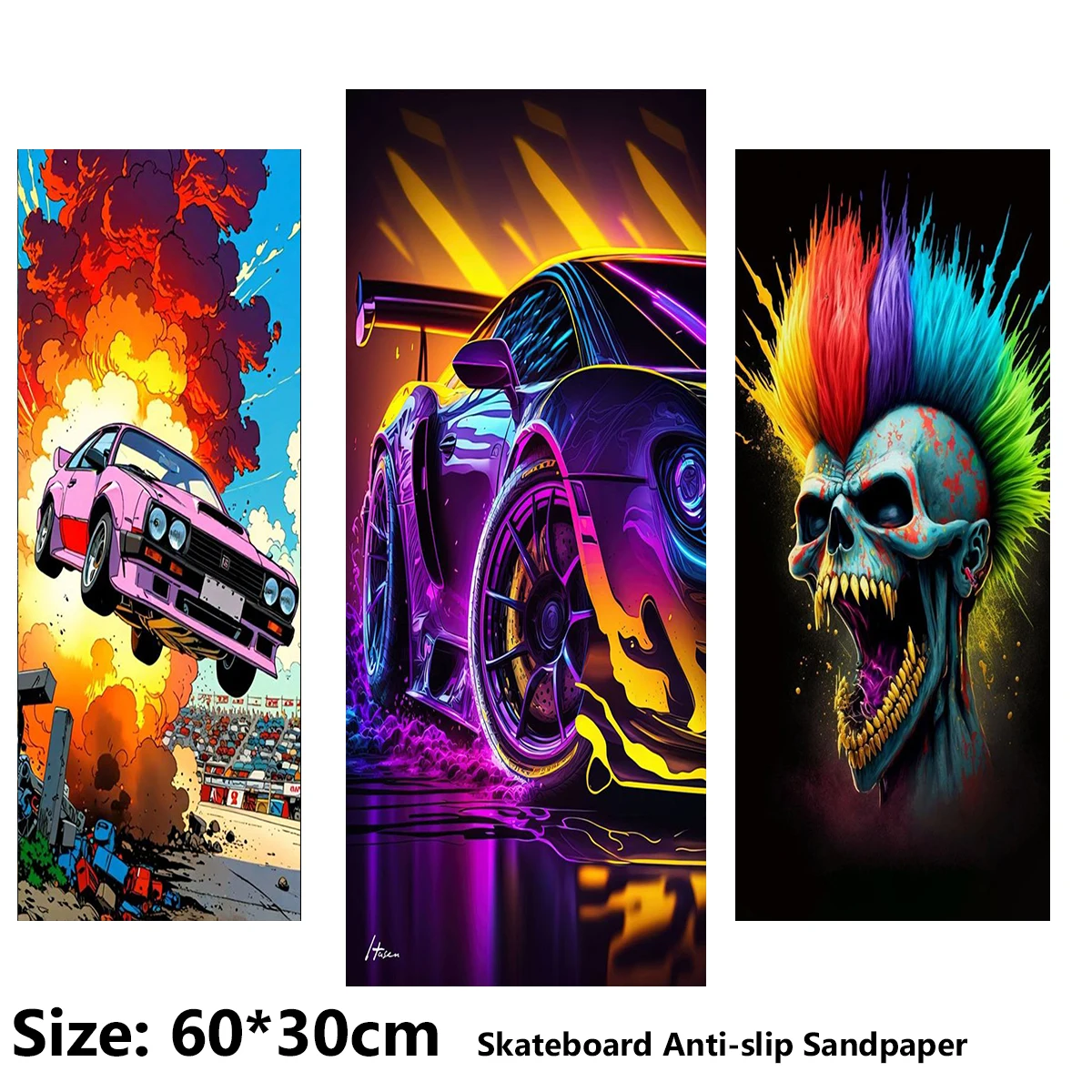 

Cool Explosion Colorful Car Pattern Electric Scooter Anti-slip Sticker Sandpaper Skateboard Grip Tape Sheet 60*30cm