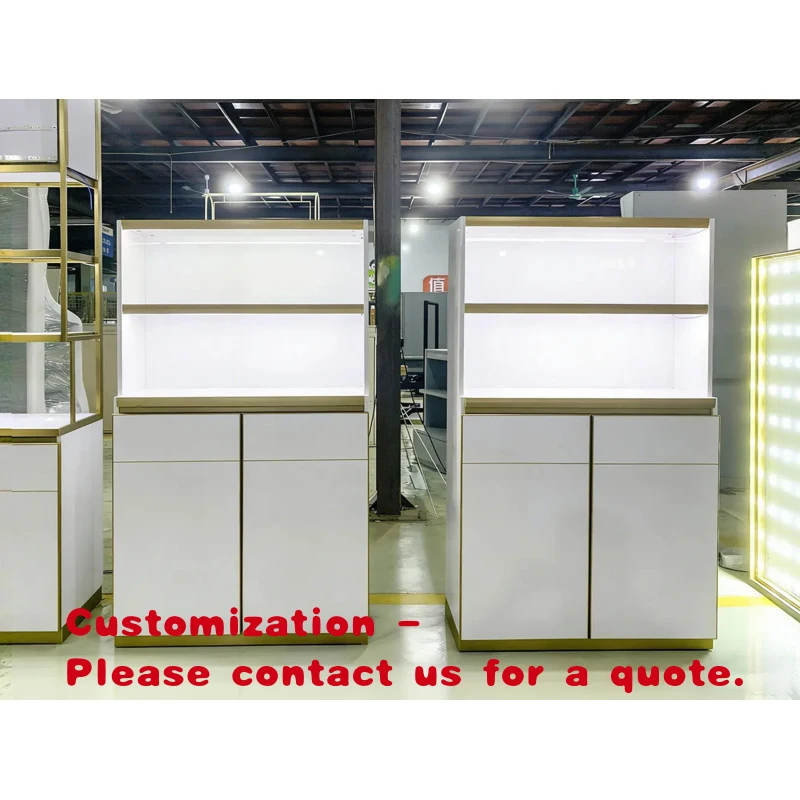 custom.Luxury White-Gold LED-Lit Cosmetic Store Display Stands with Eco-Friendly Customizable Storage Cabinet Beauty Shops