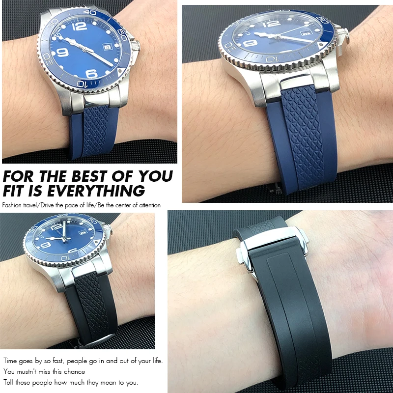 محدب لينة FKM الفلوروروبر المطاط حزام الساعات ل ل لونجين L3 830 835 Hydroconquest Conquest GMT V.H.P 21 مللي متر 22 مللي متر حزام ساعة اليد