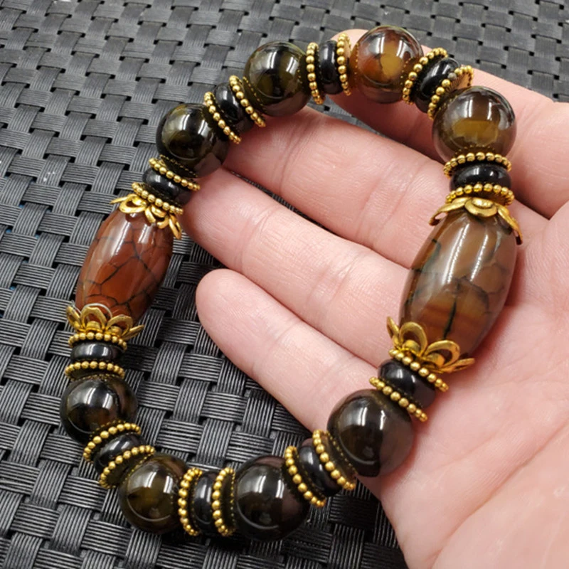 

Flower Agate Round Bead , Chalcedony Lulutong Bracelet, Vintage Style