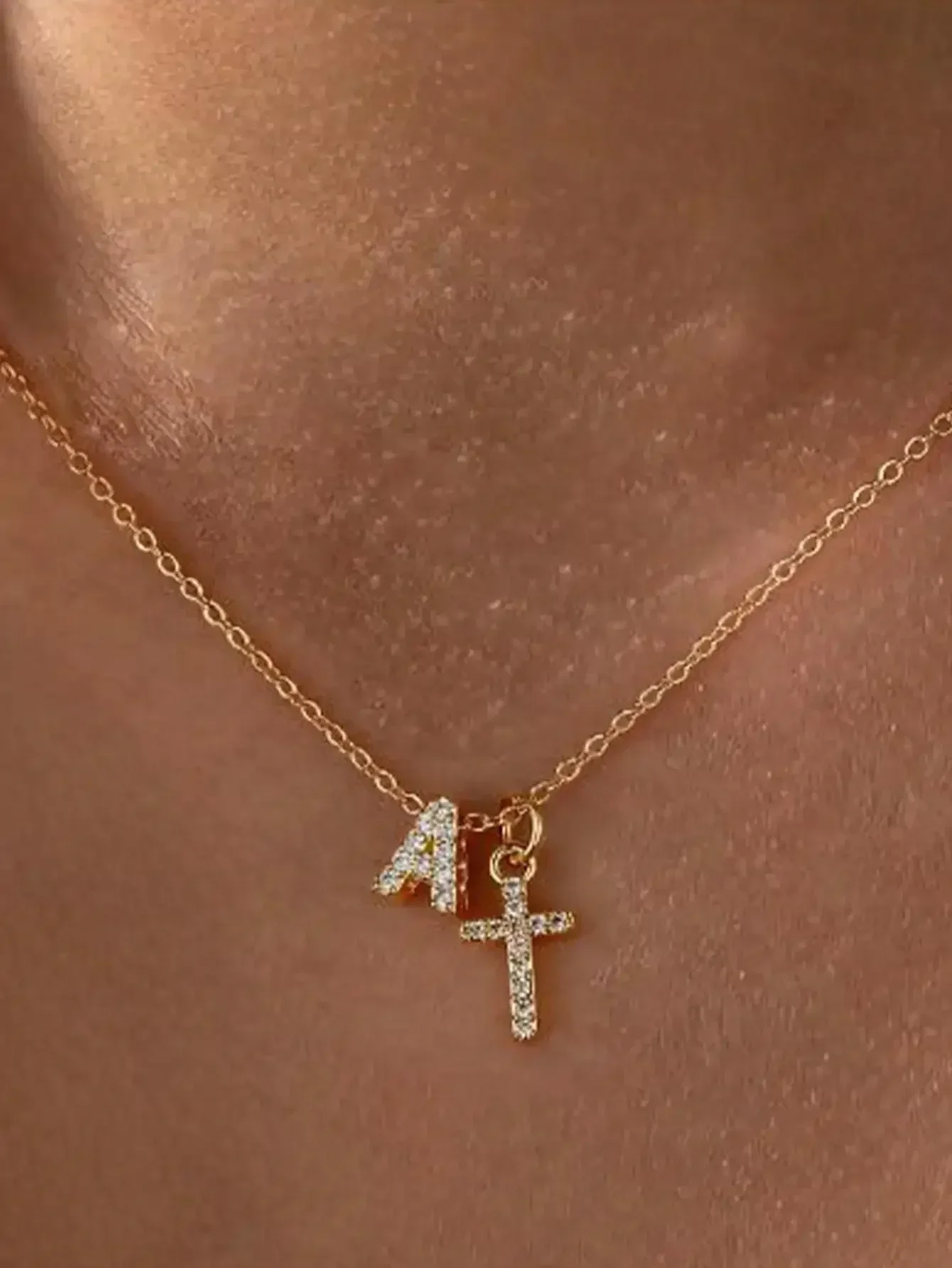

Gold-Tone Initial And Cross Charm Necklace For Women Collarbone Chain Daily Jewelry