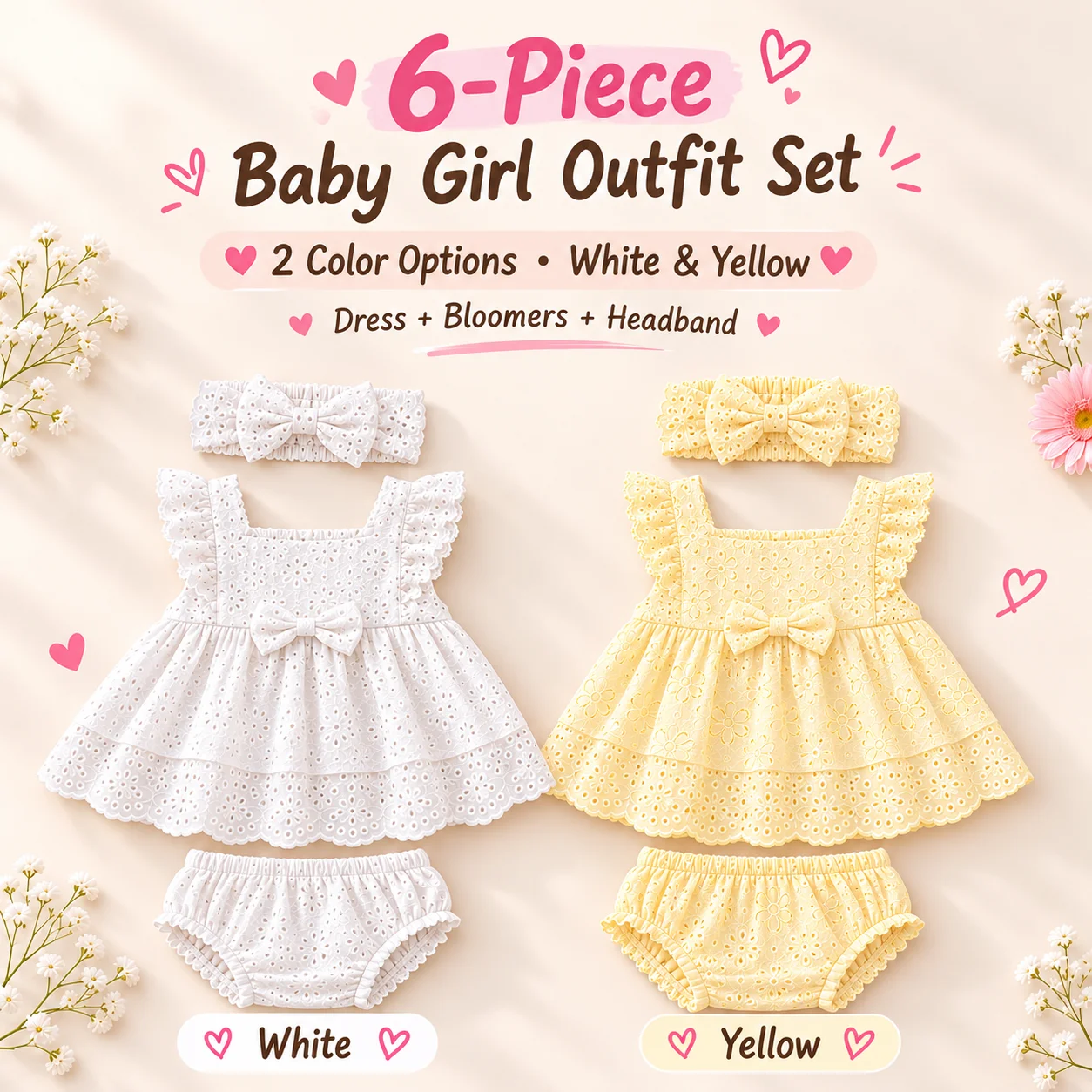 6Pcs Baby Girl Clothes Set Floral Lace Dresses with Matching Bloomers and Bow Headbands White Yellow Outfits for Baby Girls