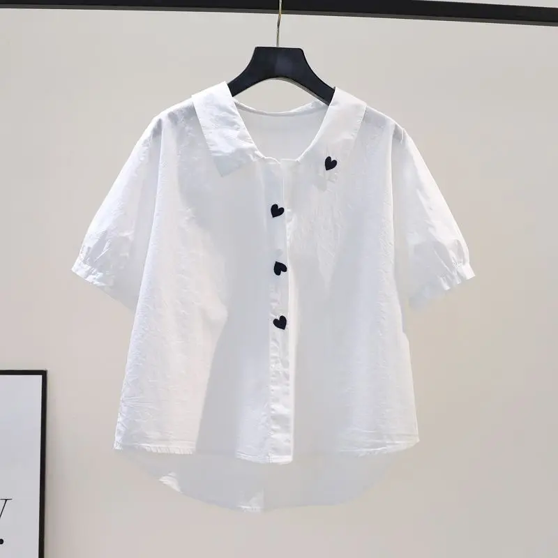 Polo francês bordado com coração feminino, branco, solto, blusa de manga curta, tendência do verão, camisa fina, moda verão, Y2K, 98% algodão