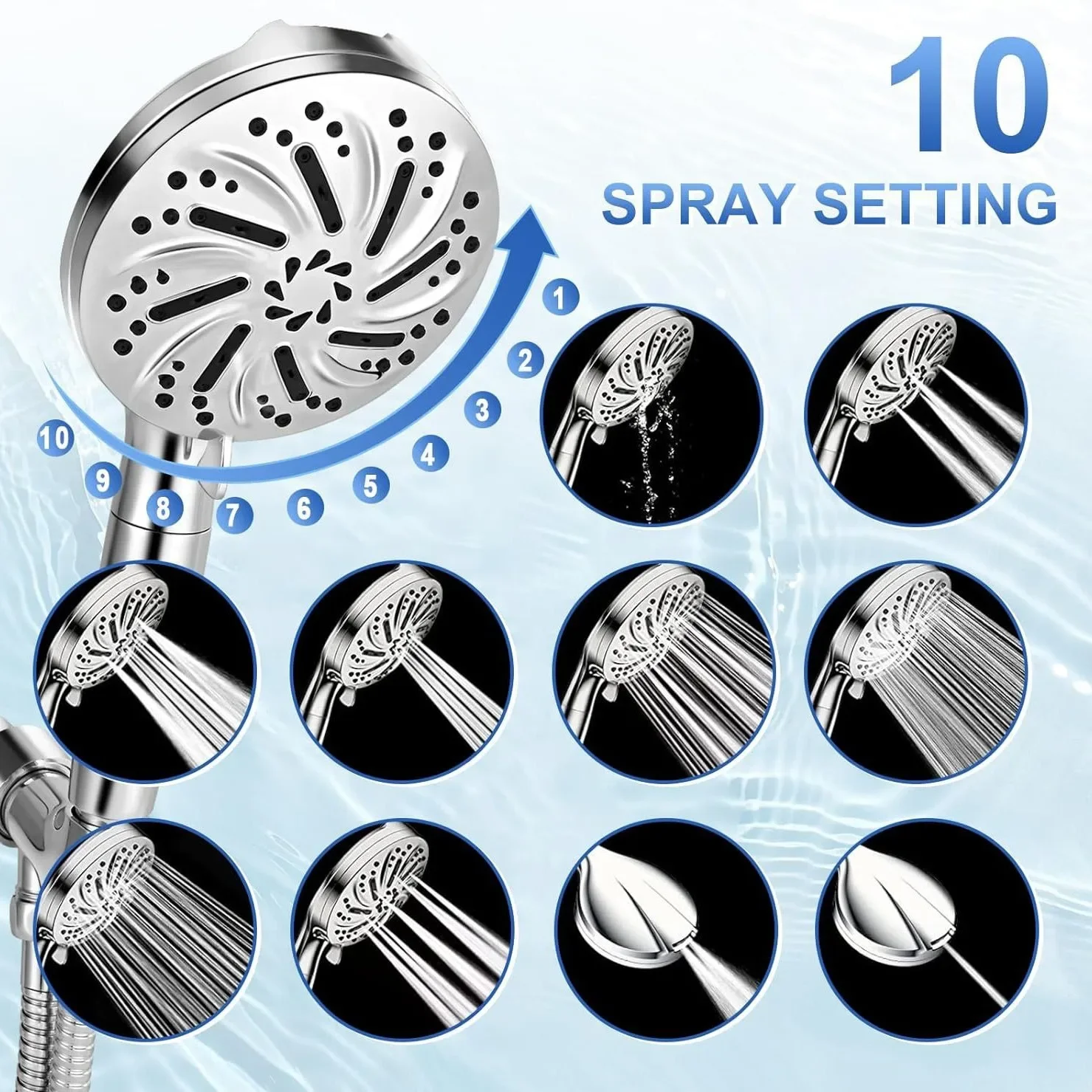 8+2 Function Handheld Shower Head ABS Round Pressurized Shower with Spray Gun Multiple Spray Modes Filtered Shower Head