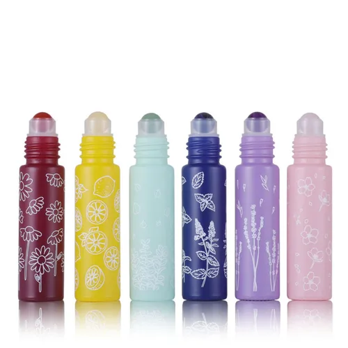 Imagen 1 del producto Rollo de vidrio con estampado de flores de macarrón, bola de rodillo de gemas de cristal Natural para aceites esenciales de aromaterapia y Perfume, 1/6/12X10ml