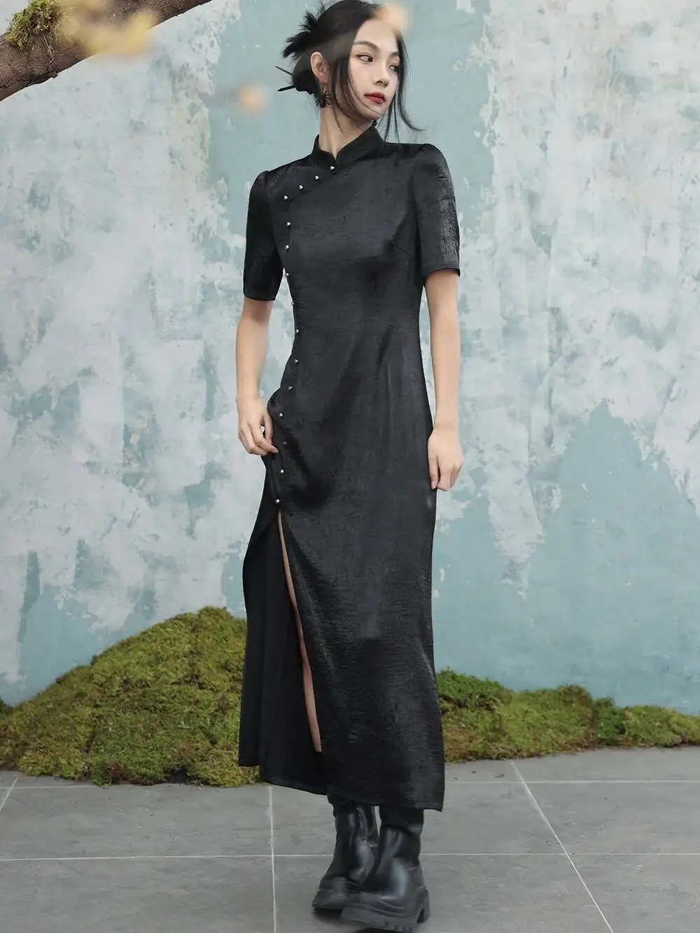 Vestido Cheongsam mejorado UMI MAO, elegante para mujer, novedad de verano, vestidos largos con abertura y manga corta con cuello levantado oscuro para mujer Y2K