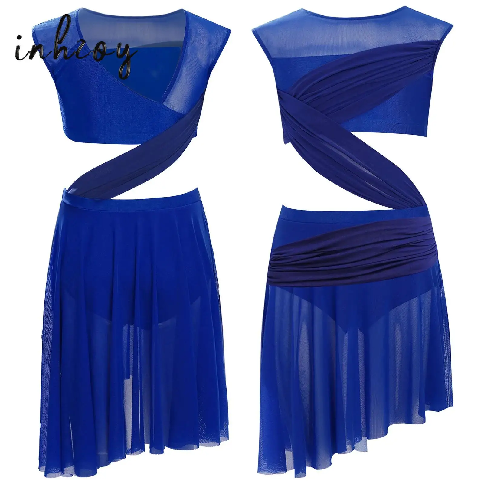 

Kids Girls Modern Lyrical Dance Dresses Sleeveless Sheer Mesh Patchwork Asymmetrical Hem Leotard Dresses Ballet Dance Costume