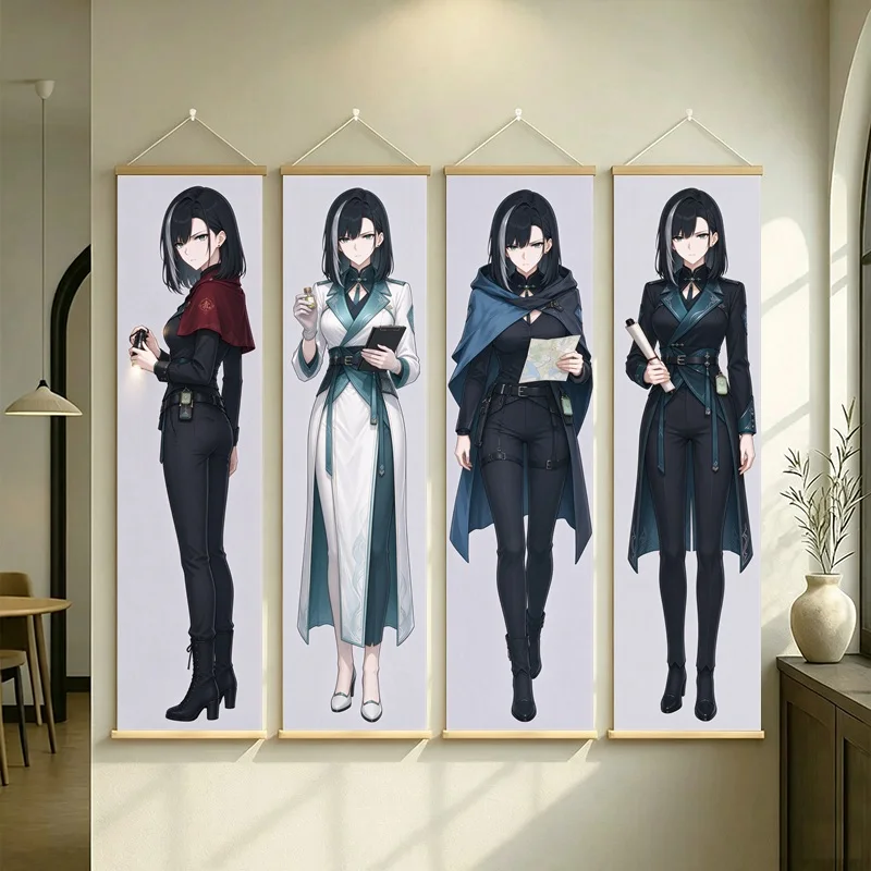 Black Haired Anime Girl Wall Scroll with Flowing Robes and Dark Outfits in Fantasy Full Length Illustration for a Bedroom