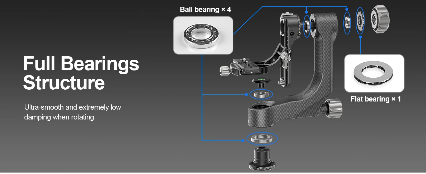 WEYLLAN Professioneller Gimbal-Stativkopf PH9 aus Kohlefaser, Hochbelastbar mit Arca Swiss Schnellwechselplatte, Maximale Belastung 20kg für Kamera und Teleskop, Neu – Detail 2