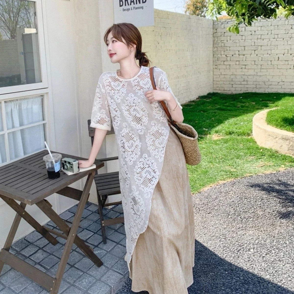 Lace Blouses for Women Summer New French Perspective Tee Holiday Beach Casual Long Irregular Hem Pullover Y2K Street Wear 2025