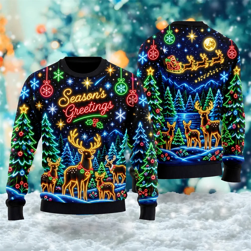 Neon 3D print Christmas Sweatshirt Men Snowman Jesus Nativity Graphic Crewneck Pullover Cross Ugly Sweater Holiday Funny Party