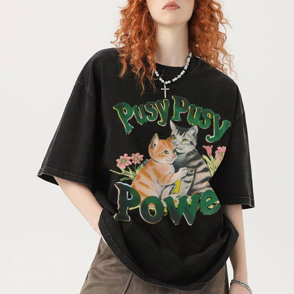 Cute Kitten Letter Print T-Shirt, Pure Cotton, High Gram Weight, Shoulder Drop, Round Neck Pullover Short Sleeve, Trendy Fashion