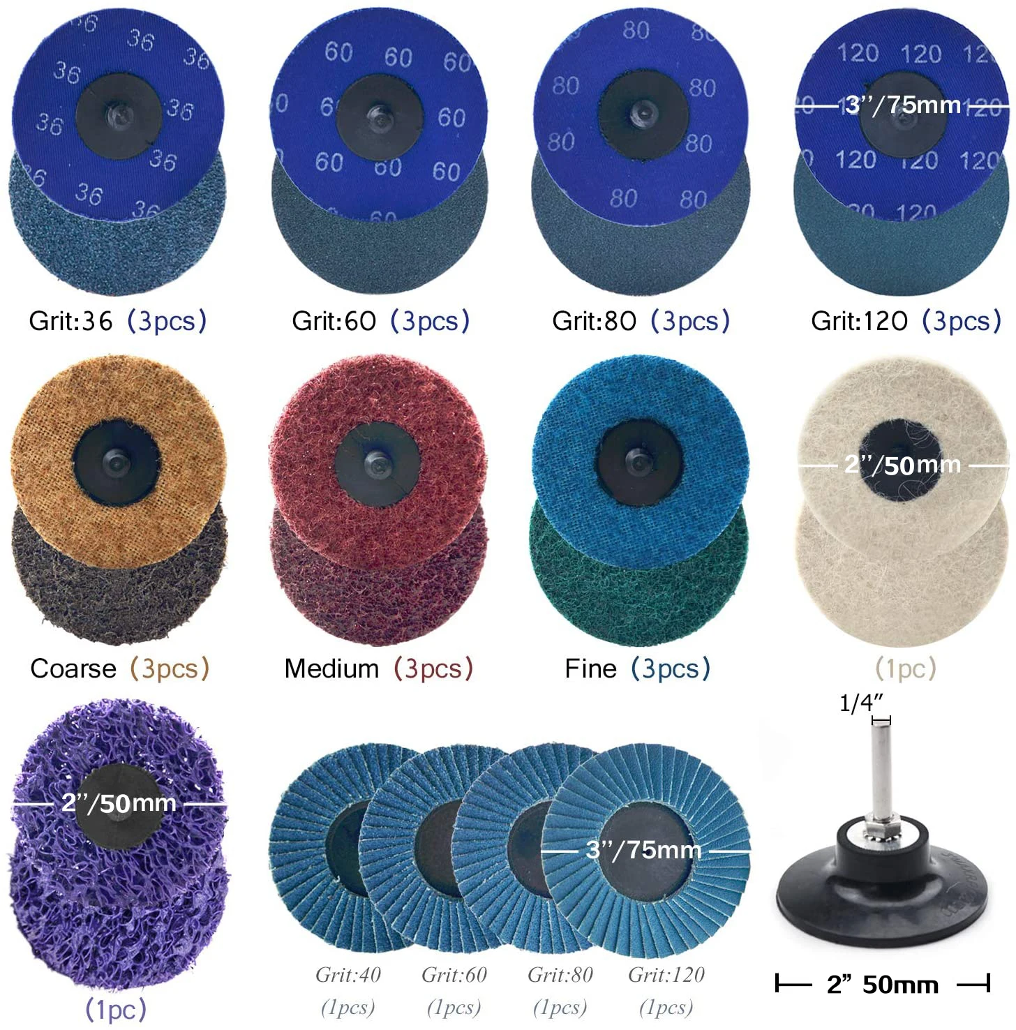 2Inch Quick Change Disc Assorted Roll Lock Sanding Discs 28PCS Set Surface Conditioning Disc Polish Disc with 1/4" Holder