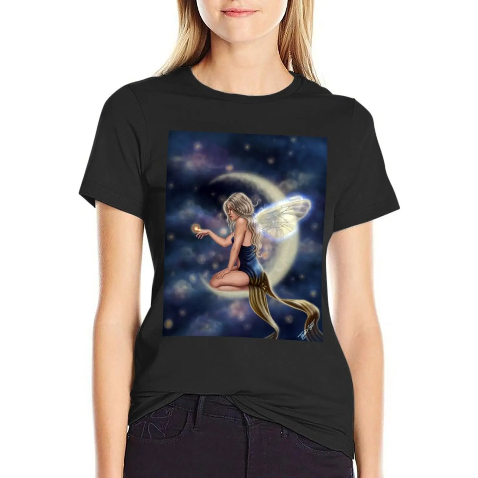 

Firefly Moon - Fairy Sitting on Moon T-shirt Short sleeve tee summer top lady clothes ariat shirts for Women