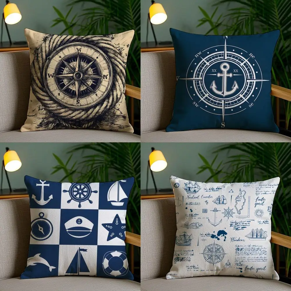 Ocean Blue Compass With Anchor Cushion Cover Plush Fabric Soft Double Sided Print Home Sofa High Quality Cushion