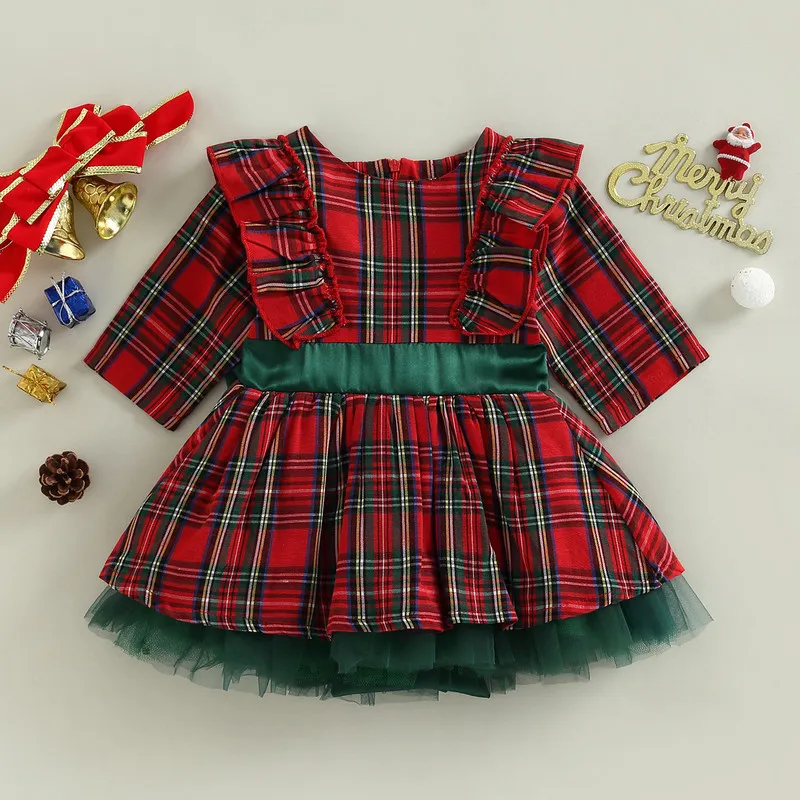 Toddler Baby Girl Christmas Dress Fall Winter Clothes Plaid Print Long Sleeve Round Neck Ruffled Tulle Patchwork A-Line Dress