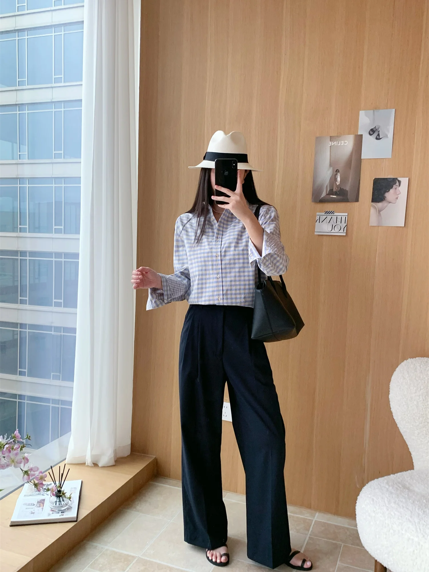 

Blue Plaid Woolen Shirt Precision Spun Wide Leg West Pants J3 Spring Commute Style Women's Cotton Long Sleeve Collar Shirt