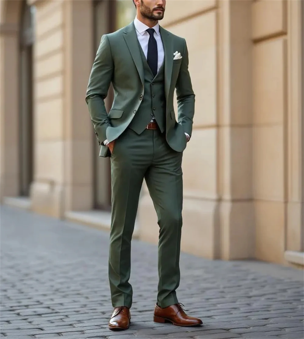 

Trendy Green Men's Suits Two Pieces Slim Fit Formal Suits Wedding Party Business Office Wear (Jacket+Vest+Pants) Tailor Made