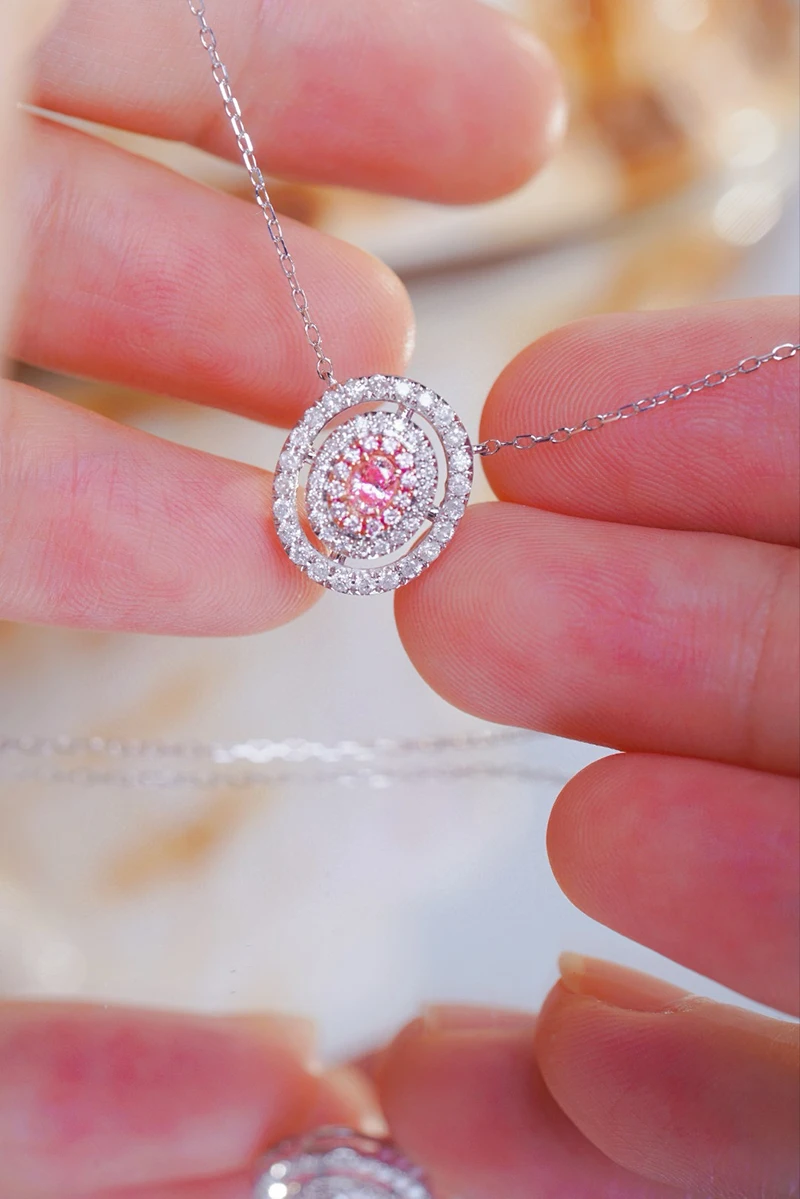 LUOWEND 100% 18K White Gold Necklace Real Natural Pink Diamond Pendant Necklace for Women Classic Design High Wedding Jewelry